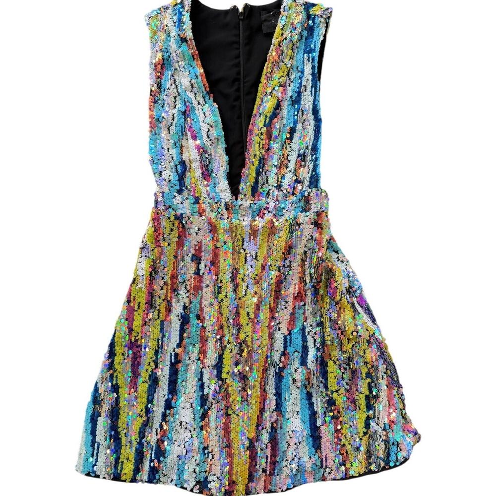 X By NBD Chiquitita Mini Dress Multicolor Yellow Blue Sequin Plunge Mini Dress